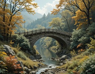 Wall Mural - Stone arch bridge over a calm river in an autumnal forest landscape