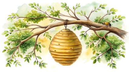 a watercolor painting of a beehive hanging from a tree branch with green leaves and a small bird