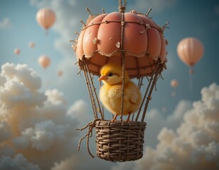 Wall Mural - A fluffy yellow chick takes a whimsical hot air balloon ride among the clouds
