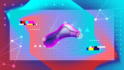 Abstract digital featuring a flowing organic shape. Vibrant background of gradients and a grid pattern. Geometric elements and glitch. Futuistic science technology analyse object