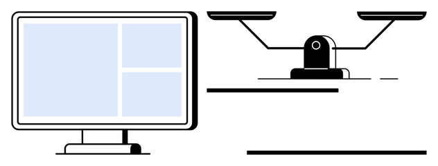Computer monitor with grid interface next to a balance scale symbolizing fairness. Ideal for technology, justice, fairness, balance, ethics, decision-making, and analytics. A simple flat metaphor
