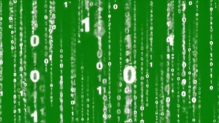 Futuristic digital rain of falling binary code numbers on a green screen for chroma key effects