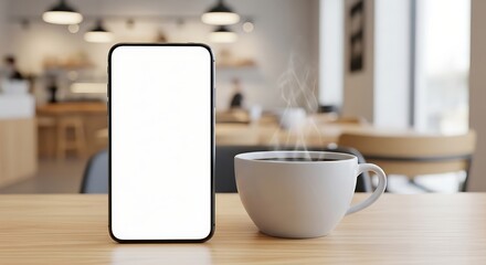 Cozy Coffee Break: Phone with Blank Screen Next to Steaming Cup in Relaxing Cafe Atmosphere