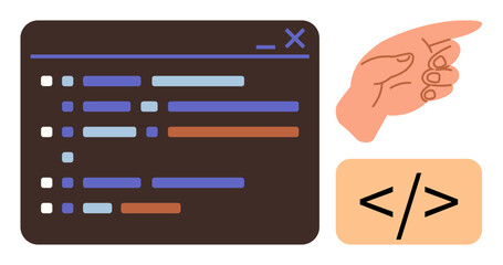 Programming interface with highlighted code lines, pointing hand, and code tag. Ideal for development, coding, software, education, instruction, guidance web design simple flat metaphor