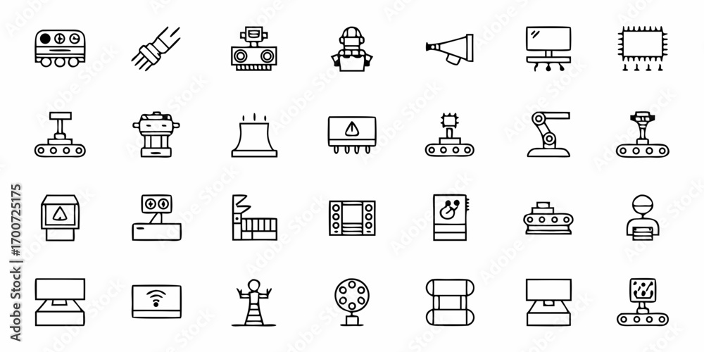 Outline icons depicting industrial automation and manufacturing processes and equipment shown in rows