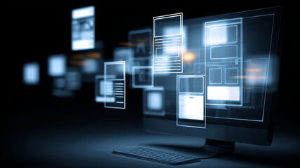 Computer screen displaying multiple windows with glowing outlines in a dark environment setting