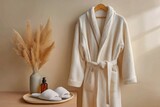 Cozy plush bathrobe and slippers displayed with dried flowers and essential oil for a relaxing spa experience