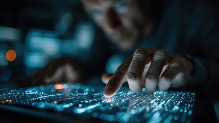 Man interacts with an advanced digital display, manipulating data using touch gestures in a dark room