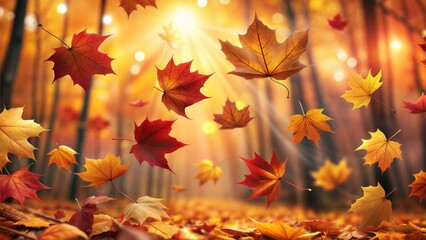 colorful autumn leaves falling in a sunlit forest maple.