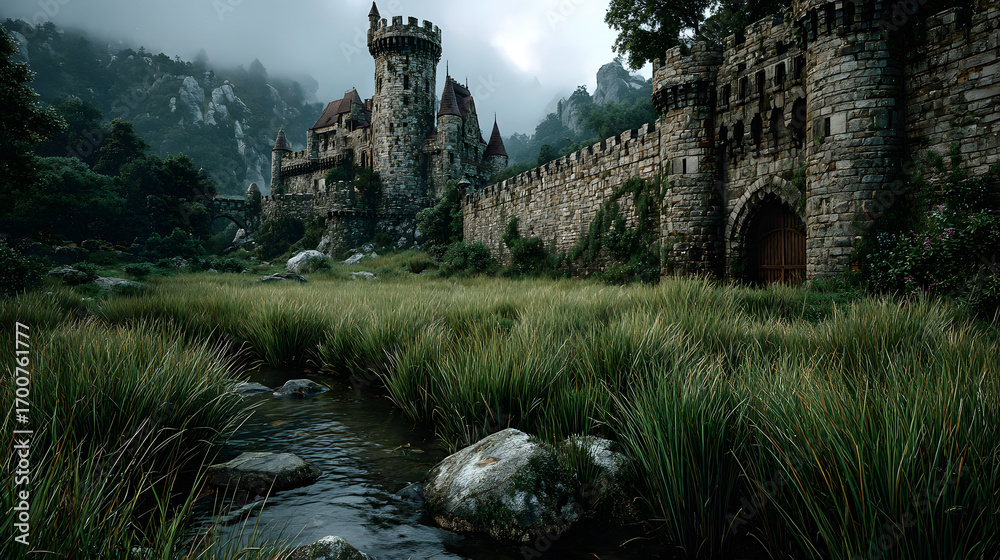 Mysterious medieval castle with stone walls and towers in a fantasy ...
