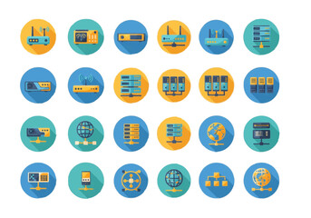 Collection of flat design icons representing various networking and computer hardware devices.