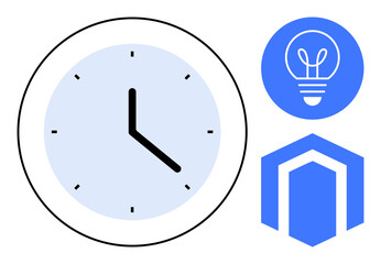 Clock face with minimalist design, blue light bulb symbolizing ideas, and geometric structure. Ideal for time management, innovation, productivity, technology, brainstorming, planning and a simple