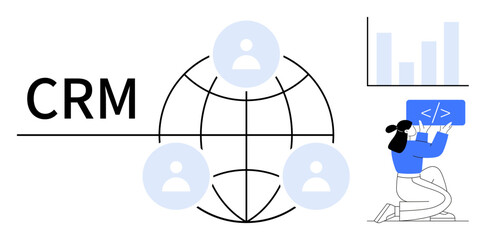 Globe with user icons, CRM text, chart, and developer coding tablet. Ideal for customer management, data analysis, workflow, teamwork, digital tools UX design simple landing page