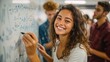 © Johannes - happy college student writing equation on white board in class satisfied young girl solving math problem on whiteboard with classmates in background watching her proud high school student writing no