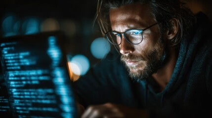 Man working on laptop with flowing data stream in a dark room, concentrating on coding, programming and software development