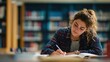© Johannes - high school student taking notes from book for her study young woman sitting at desk and finding information in college library focused girl studying in classroom completing assignment no logos no br
