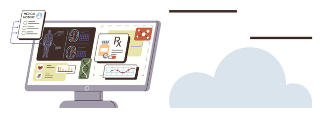 Wall Mural - Computer monitor shows health diagnostics, medical reports, prescriptions, and data charts alongside a cloud icon. Ideal for telemedicine, data analysis, eHealth, diagnostics, cloud storage remote