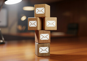 Stack of wooden blocks with email icons, representing communication and messaging