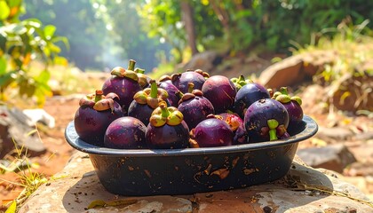 A dark, rich bowl brimming with ripe mangosteens sits outdoors, bathed in the warm sunlight, showcasing the vibrant, deep purple fruit against a blurred backdrop of lush greenery and terracotta earth.