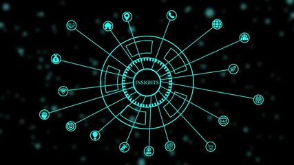 Futuristic digital network hub with glowing neon lines and icons representing data insights and