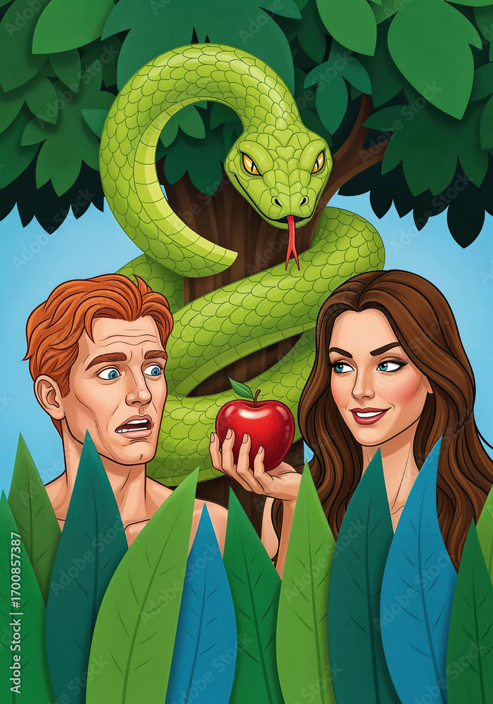 Illustration of Adam and Eve in the Garden of Eden, with the 