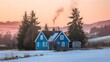 © Foysal Khan  - Winter Sunset over Cozy Blue Houses in Snowy Landscape