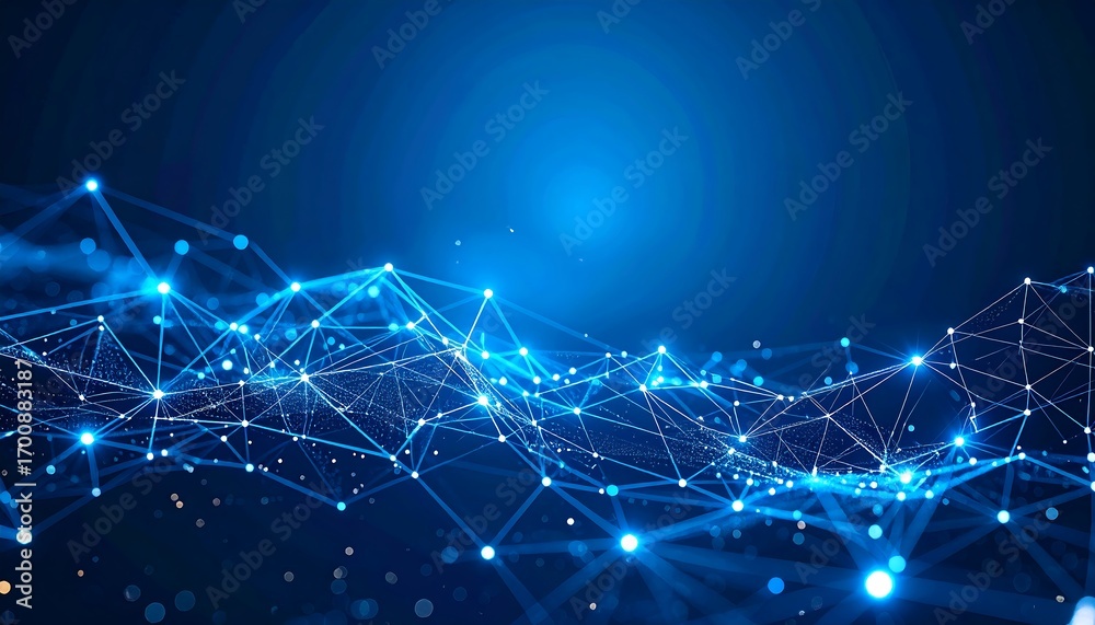 Glowing interconnected network of nodes and lines on a deep blue ...