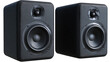 © dopa - Pair of black, square audio speakers.  Close-up view of two identical, dark gray/black speakers.  Each features a large woofer and a smaller tweeter.