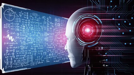 Wall Mural - hominoid ai robot looking at hologram screen in concept of math calculation and scientific equation 