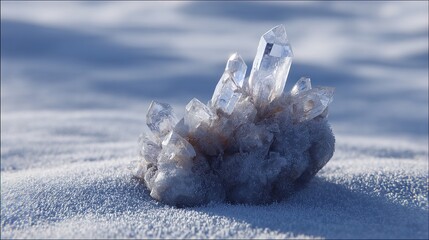 Wall Mural - Stunning natural quartz crystal cluster glistening on a frosted icy surface with soft blue bokeh background, capturing pure elemental beauty and raw geological wonder.