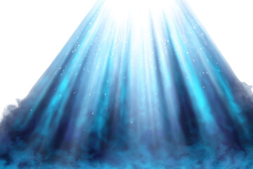 Wall Mural - celestial light beams shining down on a dark blue, misty surface, creating a magical, ethereal scene