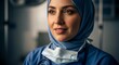 © Hamid - A close-up portrait of a female doctor wearing a hijab and scrubs, with a stethoscope around her neck and a surgical mask hanging loosely.
