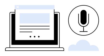 Open laptop with browser window interface, microphone symbol, and cloud. Ideal for technology, communication, data storage, voice recognition, remote working, cloud computing simple landing page