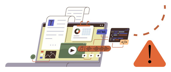 Laptop with documents, media, code snippets, and ongoing analytics, showing a warning icon. Ideal for design workflow, programming, troubleshooting, digital tools productivity learning remote
