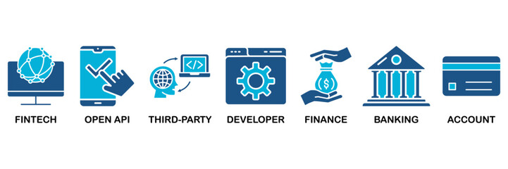 Open banking icon set In Blue Monochrome Flat Design, Vector Illustration concept relate to icon of financial technology with an icon of the fintech, coding, open API, finance, banking, third party de