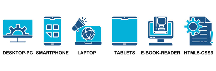 Responsive web design icon set In Blue Monochrome Flat Design, Vector Illustration concept relate to icon of desktop-pc, smartphone, laptop, tablets, e-book-reader and html5-css3