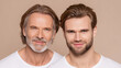 © VICHIZH - Portrait of two smiling men of different ages, close together against a neutral backdrop, conveying warmth, trust, and connection in a clean studio setting.