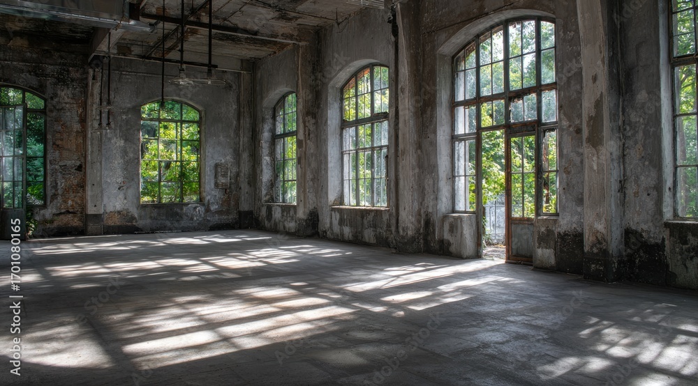 Sun-drenched interior of an abandoned factory. Large windows, arched ...