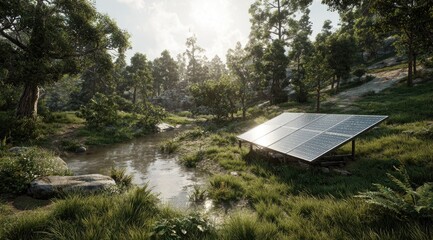 Sunny forest scene with solar panel.  Tranquil woodland with a small stream and a solar panel array situated in the foreground.  Sunlight filters through trees
