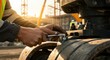 © Herlita - Close-up view of a construction worker's hands tightening a bolt on a heavy machinery component, showcasing precision and skilled labor in a bustling outdoor construction site.