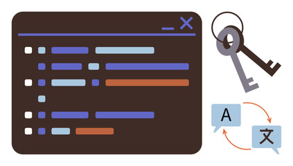 Programming window with colorful lines of code, two keys, and translation bubbles with arrows. Ideal for technology, coding, software, localization, security programming AI themes. Simple flat