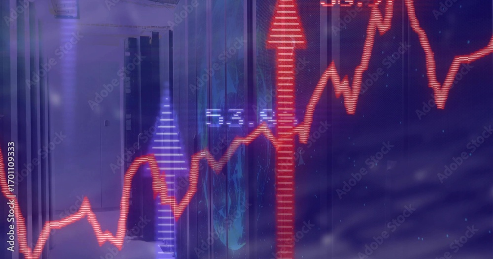 Displaying red fluctuating financial line graph with upward arrow over ...