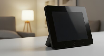 A black smart home device with a blank screen sits on a white table in a softly lit bedroom.