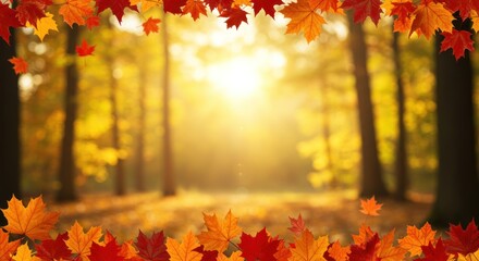 Wall Mural - Autumn Forest Scene with Falling Leaves and Golden Sunlight.