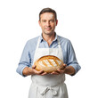 © yafi4 - Baker wearing apron holds loaf of bread flour on forehead on white or transparent background