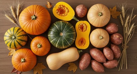 Wall Mural - Autumn Harvest Bounty: Vibrant Pumpkins, Butternut Squash, and Sweet Potatoes