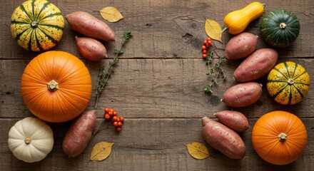Wall Mural - Autumn Harvest - Pumpkins Sweet Potatoes Gourds Wooden Background.