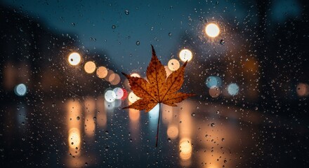 Wall Mural - Autumn Leaf on Rainy Window with Bokeh Lights, Moody Scene