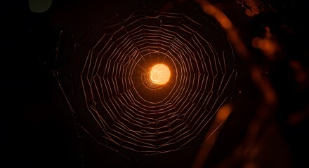 Detailed Spiderweb Illuminated with Golden Light Against Dark Background