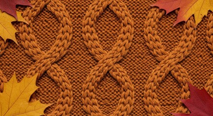 Wall Mural - Autumnal Warmth: Cable Knit Texture with Vibrant Fall Leaves Bordering the Edges
